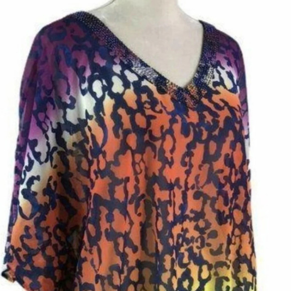 Lane Bryant ombre multi colored beaded vee neck batwing sheer top SZ 22/24 - Picture 4 of 12